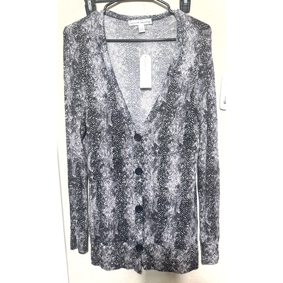 NWT French Laundry Black snakeskin print Cardigan Sweater button front long sz L - Picture 1 of 5